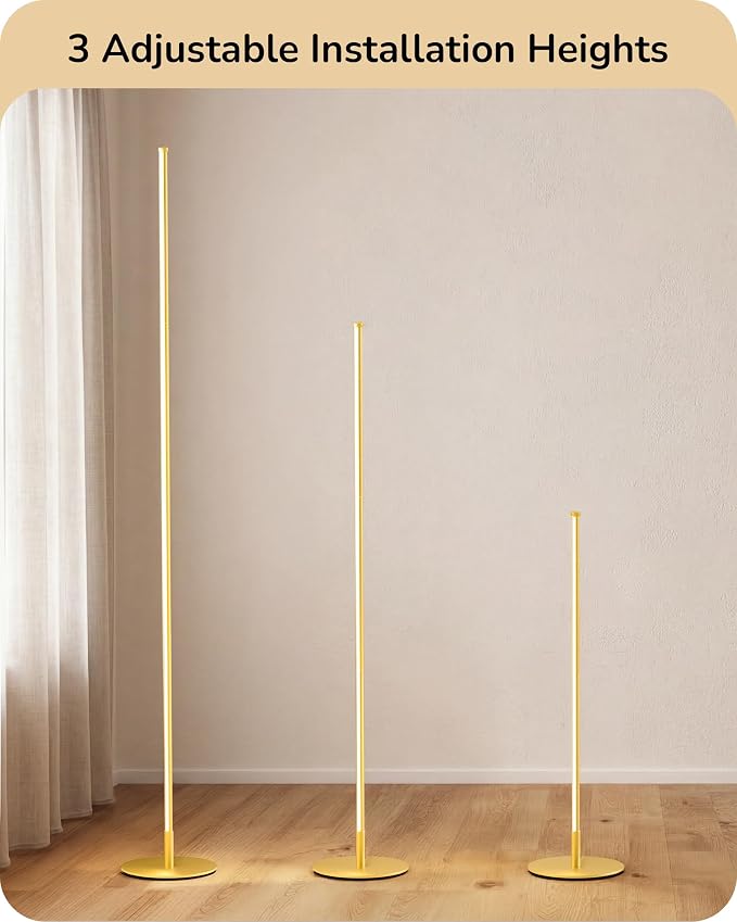 EDISHINE 59.8" Corner Lamp with Remote & 3 Height Settings, Dimmable & 3CCT | Foot Switch, Stable KD Structure, Minimalist Standing Lamp for Living Room, Bedroom, Office, Gold
