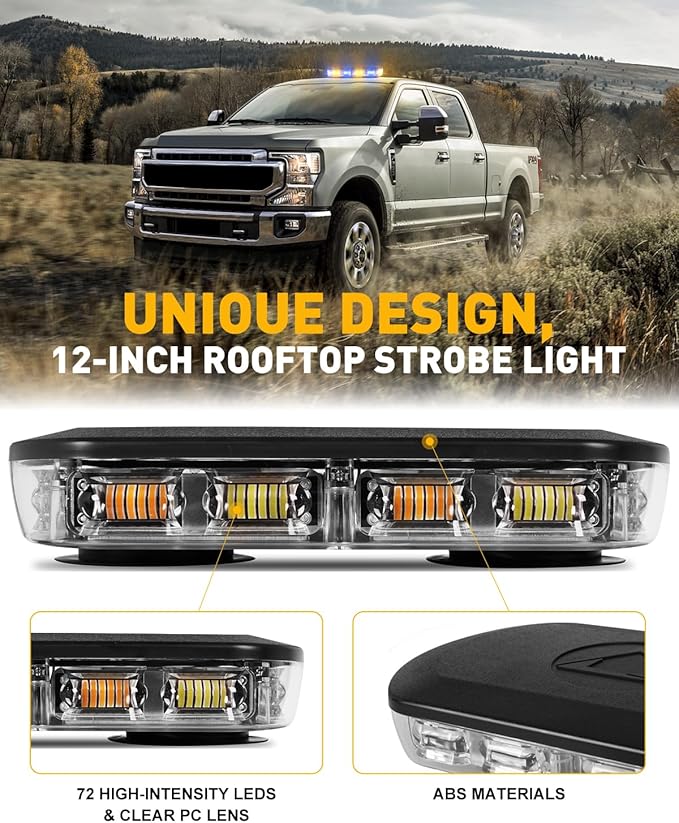 HLauto 700A Rooftop Emergency Strobe Lights Bar, 72 LED Amber Blue Mini Beacon Safety Flashing Warning Traffic Lights Bar w/Magnetic Base for 12-24V Trucks, Construction Vehicles, Snowplow, Cars
