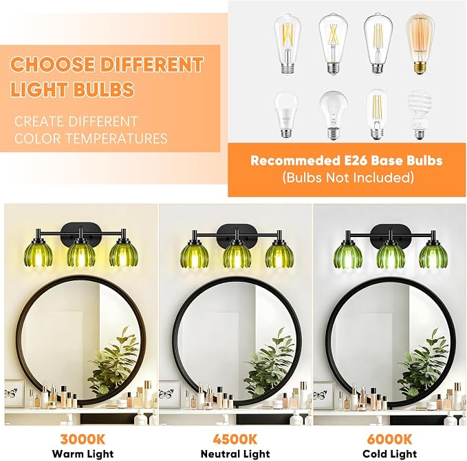 Bathroom Vanity Light, 3-Light Vanity Lighting Fixtures with Green Tulip Glass Shade, Modern Bathroom Wall Mount Lamp, Black Vanity Lights Over Mirror for Living Room, Hallway, Cabinet, Porch