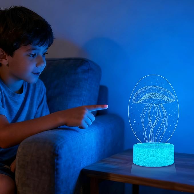 3D Jellyfish Night Light with Remote - 3 in 1 Ocean Acrylic Panels (Jellyfish, Dolphin, Shark), 16 RGB Colors ，4 Modes, USB/Battery(Not Included), Christmas Gift for Kids, Marine Theme Decor