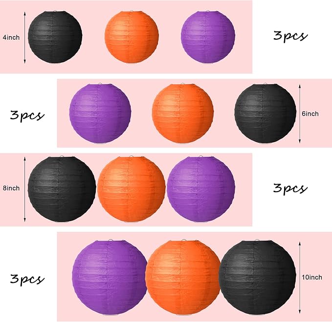 Tenare 12 Pcs Traditional Round Paper Wedding Lantern 4 Size 4, 6, 8, 10 Inch Decorative Ball Hanging Chinese Japanese Paper Lantern for Birthday Party(Black, Orange, Purple)