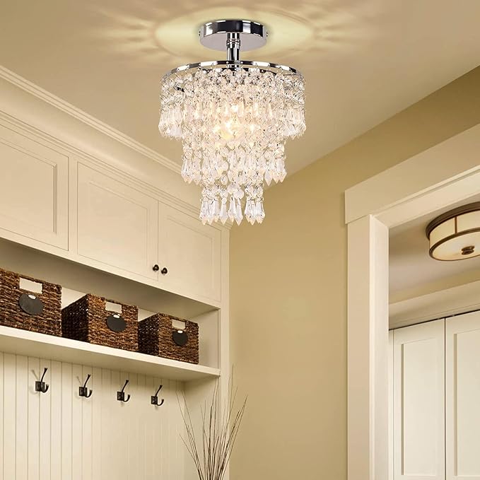 FRIXCHUR Small Crystal Chandelier Led Crystal Ceiling Lights 3 Tiers Crystal Raindrops Chandelier Pendant Lighting Fixture Decoration for Bedroom Hallway Living Room,Chrome,E26