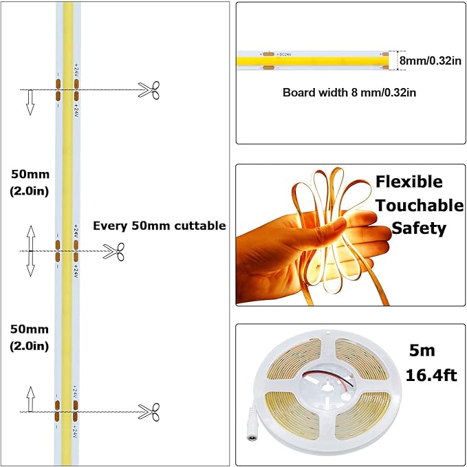 24V COB LED Strip Light Warm White 3000K 5M/16.4ft 2400LEDs 4500Lm Uniform Glow CRI 93+ Flexible IP20 Not Waterproof LED Tape Lights for DIY Cabinet Bedroom Kitchen Home Decor(No Power Supply)