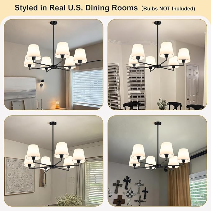 36" Black Dining Room Light Fixture, No Assembly Required 6-Lights Kitchen Chandelier for Dining Room with White Fabric Shade, Chandelier Ceiling Light Fixture for Kitchen Island Bulb Not Included