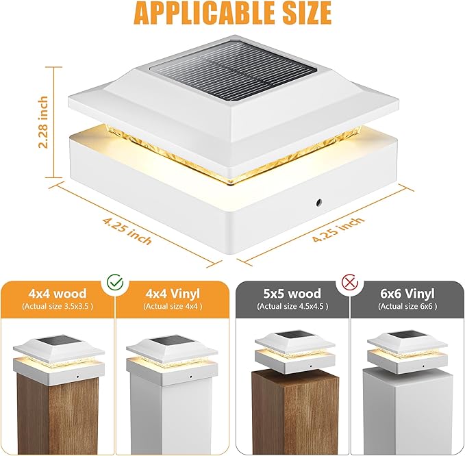 Brightown Solar Post Cap Lights, 2 Modes(Warm/Cool Light) Outdoor Waterproof Fence Post Solar Lights, Solar Powered Garden, Patio, Deck Decor for 4x4 Wood & Vinyl Posts, White 4 Pack