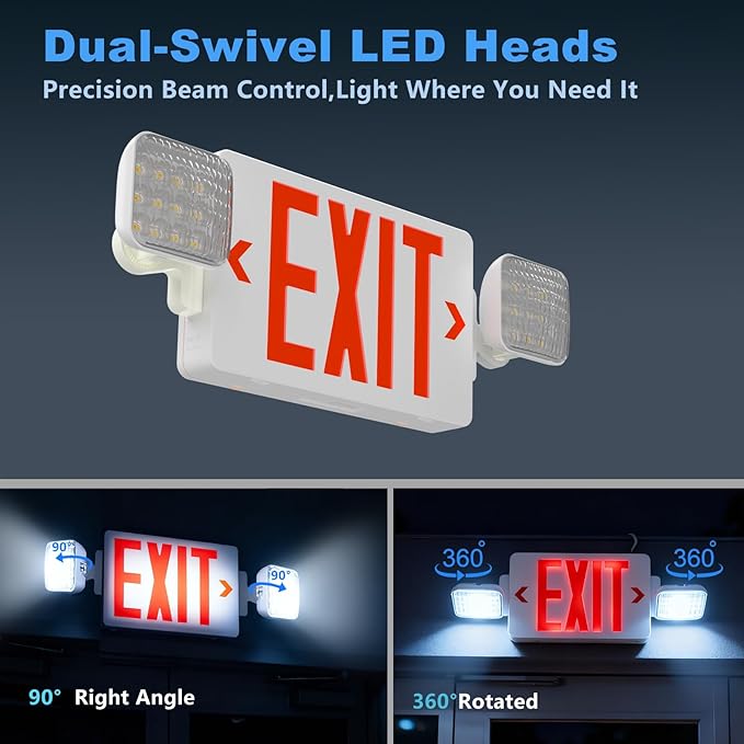 Exit Signs with Emergency Lights, Adjustable Double Head - Hardwired with Battery Backup for Business, AC 120-277V, UL924 & ETL Certified, Wall/Ceiling Mount 6-Pack