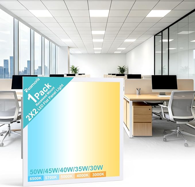 1 Pack 2x2 LED Flat Panel Light,3000K-6500K & 5 Wattage Selectable | 50W 5500LM, 0-10V Dimmable, AC 120-277, Recessed 2x2 led drop ceiling light fixture for Office, Kitchen, Garage, School