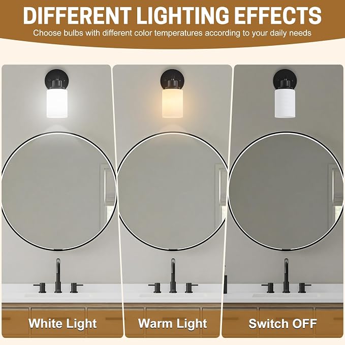2-Pack, 1-Light Vanity Lights, Matte Black Bathroom Light Fixture with Textured Milky White Glass Shade, E26 Modern Vanity Lighting Fixture for Bathroom Wall Sconce
