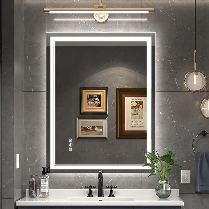 Ratsamee 28" x 36" Led Mirror for Bathroom with Front Light and Backlit, Bathroom Mirror with Led Lights, Vanity Mirror with Lights for Wall, Anti-Fog, Dimmable 3-Color（frontlit+Backlit）