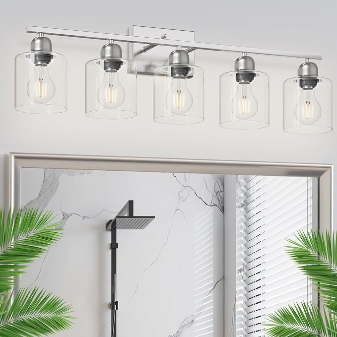 Modern Brushed Nickel 5 Light Bathroom Vanity Light, 31 inch Bathroom Light Fixtures, Vanity Lights for Bathroom with Clear Glass for Mirror Kitchen Living Room Hallway Cabinet Porch