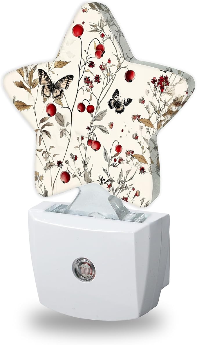 Energy Efficient Nightlights Plug In Wall, Vintage Flower Night Light for Kids Bedroom Decorative, Rustic Wildflower Butterfly Dusk-To-Dawn Sensor Sleep Friendly Lamp for Nursery Bathroom Basement