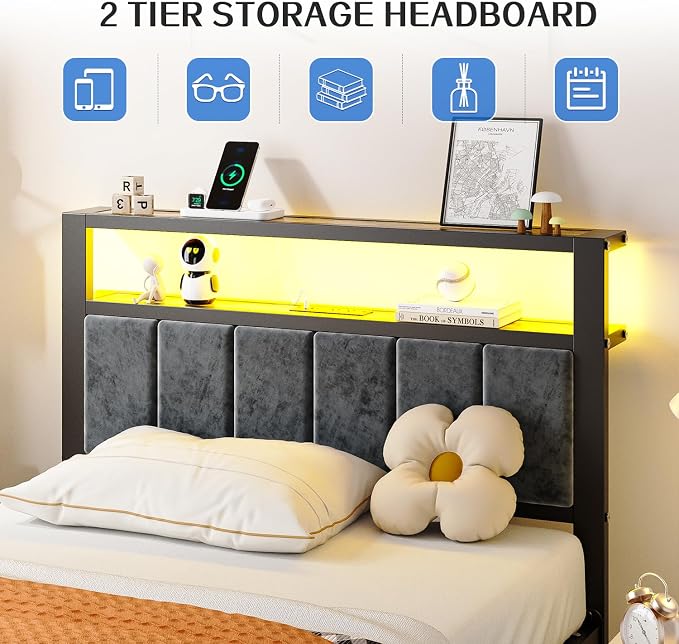 Liians Twin Size Bed Frame with LED Lights, Grey Upholstered Headboard | Platform Bed with 2-Tier Storage Shelf, Charging Station, Noise Free, No Box Spring Needed, Easy Assemably