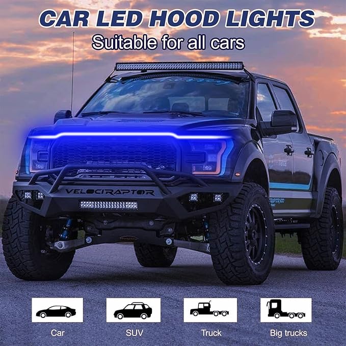 Car LED Hood Light Strip for Cars, SUVs, Trucks, Blue, 70 Inch | 12V, Universal, Flexible Waterproof Daytime Running Light, Dynamic Scan Start-up Effect, Super Bright Bonnet Lights