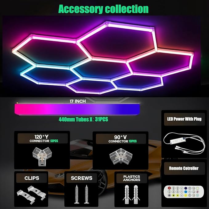 31Pack RGB 7 Hexagon LED Garage Lights - Music Sync Color Changing,App & Remote Control,358 Modes DIY Honeycomb Light for Gaming Room,Gym,Garage