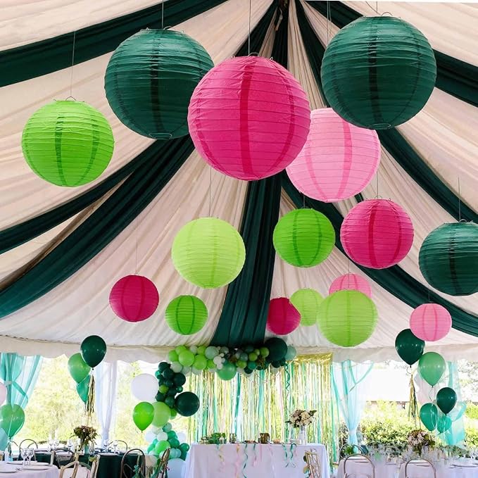 Hot Pink Green and Pink Paper Lanterns 12Pcs Hanging Round Paper Lanterns Decorative for Graduation Baby Shower Wedding Birthday Family Parties ﻿
