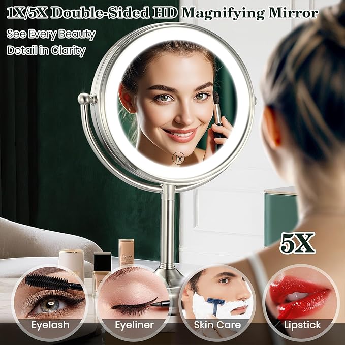 11.8" Extra Large 17" Tall Lighted Makeup Mirror, 1X/5X/10X 3-Sided Magnifying Mirror with 96 LEDs, 3 Color Dimmable Lights, 360° Swivel Dual Power Vanity Mirror, Nickel Finish Luxury Gift Box