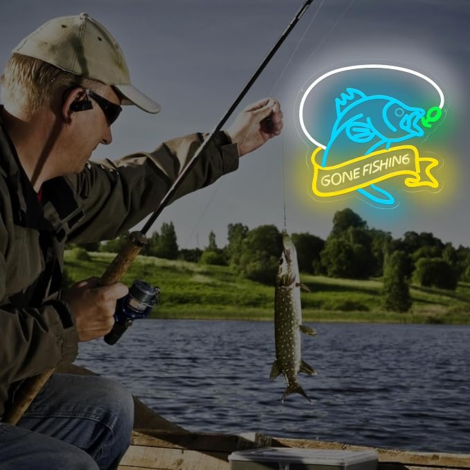 Go Fishing Neon Sign, USB Powered LED Light for Fishing Decor | Fishing Wall Decor for Living Room, Game Room, Man Cave, Bar, Party Decoration and Angler Gift