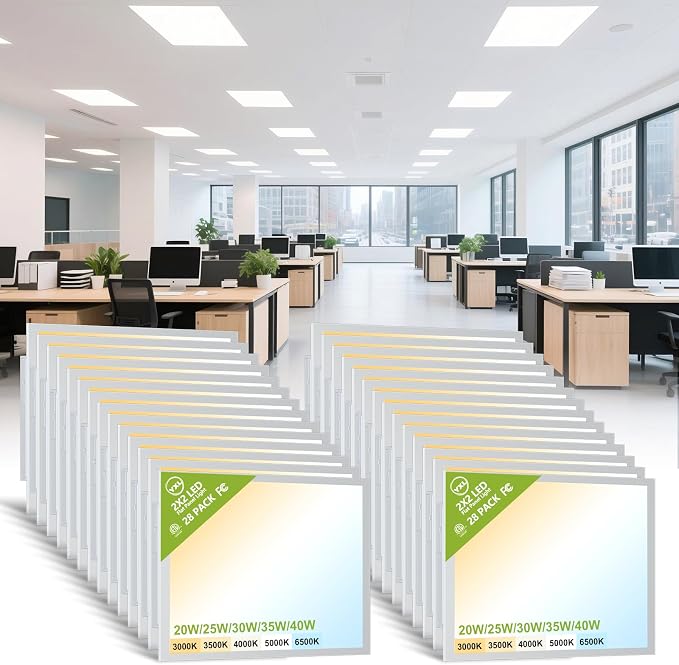YXL 28 Pack 2x2 LED Flat Panel Light Drop Ceiling Light Fixture, 5200LM, 5CCT LED Drop Ceiling Office Light, 40W/35W/30W/25W/20W Selectable,6500K/5000K/4000K/3500K/3000K,Dimmable 0-10V,ETL