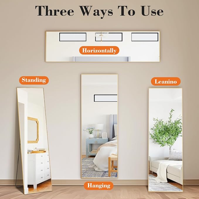 DUMOS Full Length Mirror 19"x 58" for Bedroom, Full Body Mirror with Stand, Hanging or Leaning for Wall, Aluminum Alloy Thin Frame Floor Standing for Living Room, Long, Gold