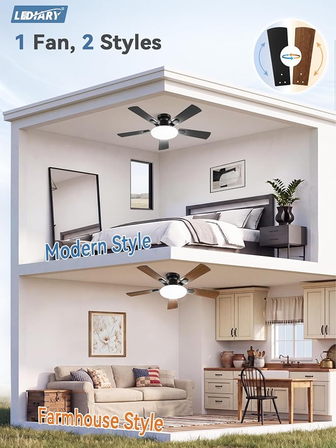 LEDIARY 42 Inch Flush Mount Ceiling Fans with Lights, Remote & APP Control | Bright Light, 3CCT, Dimmable, Memory Function, Timer, Reversible Blade, Quiet DC Motor, Damp-Rated, Bedroom, Covered Patio