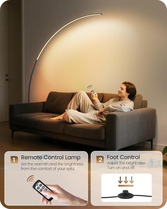 75 inch Dimmable LED Arc Floor Lamp for Living Room with Foot and Remote Control, 3 Color Temperatures, 3000K-6000K Whites, LED Corner Lamp, Modern Standing Tall Lamp for Bedroom B62LD05
