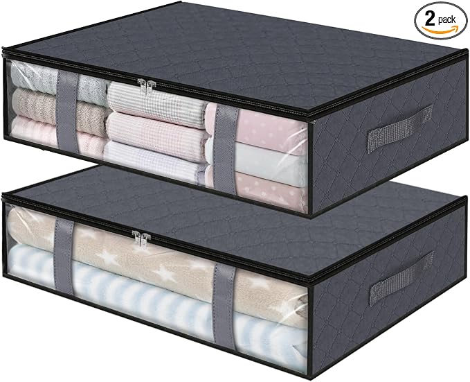 StorageRight Under Bed Storage Bags, 2 Pack, 40L, Gray | Breathable Non-Woven Fabric with a Clear Window and Zippered Top for Clothes, Comforters, Blankets and Seasonal Storage