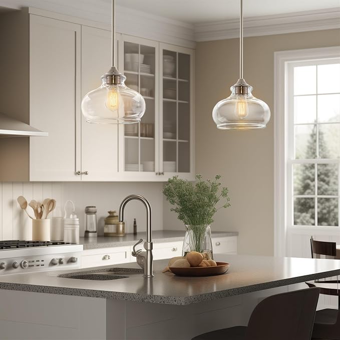 Kira Home Harlow 9" Modern Schoolhouse Pendant Light for Ktichen Island | Clear Glass Shade, Industrial Farmhouse Silver Hanging Fixture, Premium Brushed Nickel Finish