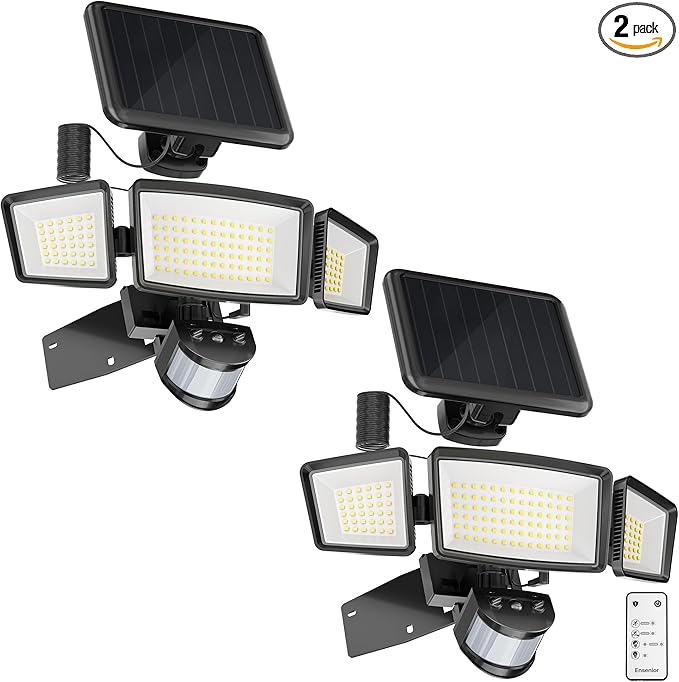 Ensenior Solar Security Lights, Wide Beam Flood Light 6500K Super Bright for Driveway Backyard Garden, Remote Control Motion Lights, Weather-Resistant Exterior Lighting, 1800LM Lumen, Black, 2-Pack