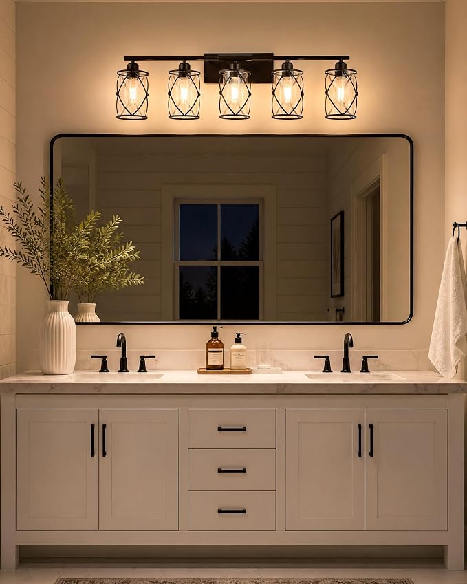 5-Light Oil Rubbed Bronze Bathroom Light Fixtures Over Mirror, 38" UL-Listed Modern Farmhouse Wall Sconce Lights with Clear Glass and Metal Cage for Bath, Hardwire E26, CH9176ORB-5W