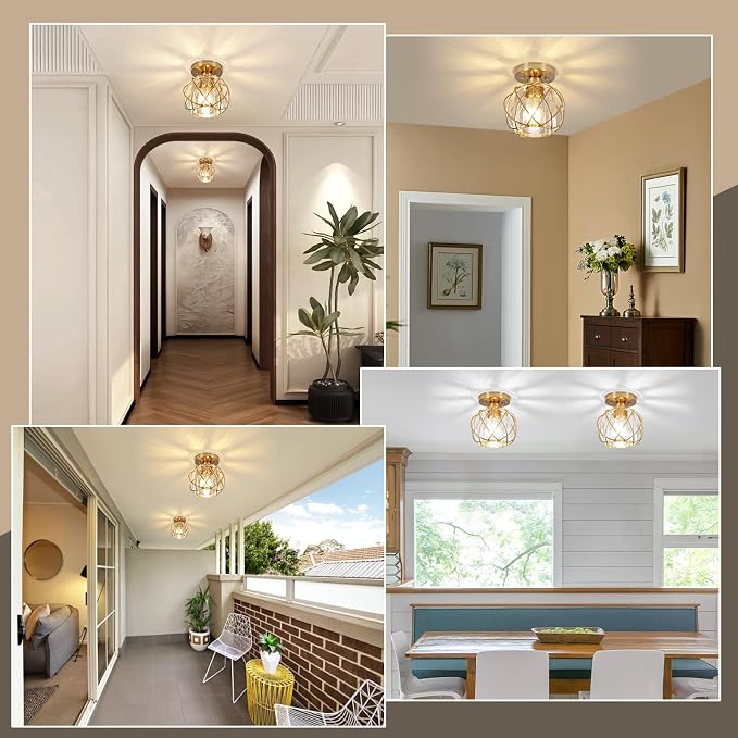 Hallway Light Fixtures Ceiling,Semi Flush Mount Ceiling Light Fixtures Gold Metal Cage Indoor Modern Ceiling Lights for Bedroom Room Hallway Bathroom Entryway Kitchen