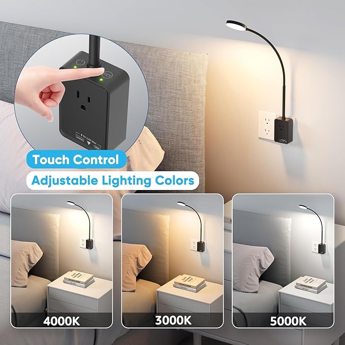 Plug in LED Wall Mounted Reading Lights, 2 Pack Black Dimmable LED Wall Lamps with Plug, Power Outlet Extender, USB Ports for Reading Working in Kitchen Bedroom, 3 Color Temperatures