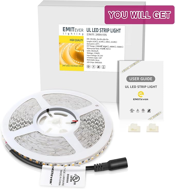 EMITEVER Warm White LED Strip Lights 2700K,16.4ft UL 24V Tape Light,600LEDs | Ra 95+,IP30,2.9W/ft,240+Lumens/ft,5 Year Warranty (Power Supply Sold Separately)for bedroom,living room,kitchen