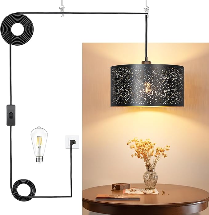 Plug in Pendant Light, Hanging Lamp with Plug in Cord, Rustic Farmhouse Pendant Lights for Kitchen Dining Room Bedroom Entryway, with 3-Way Dimmable Bulb