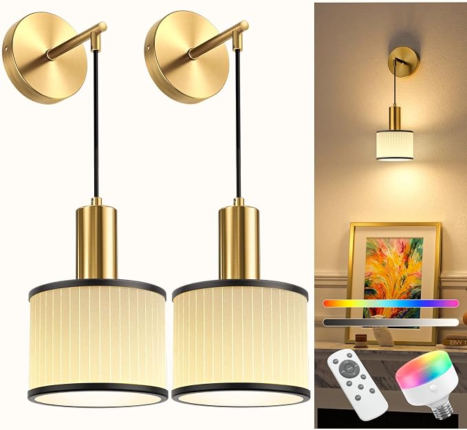 Battery Operated Wall Sconce Set of 2, Black Gold & Off-White Wireless Rechargeable Wall Lights with 5200mAh Dimmable Detachable Bulbs and Remote, 9 Colors Sconces Wall Decor for Living Room