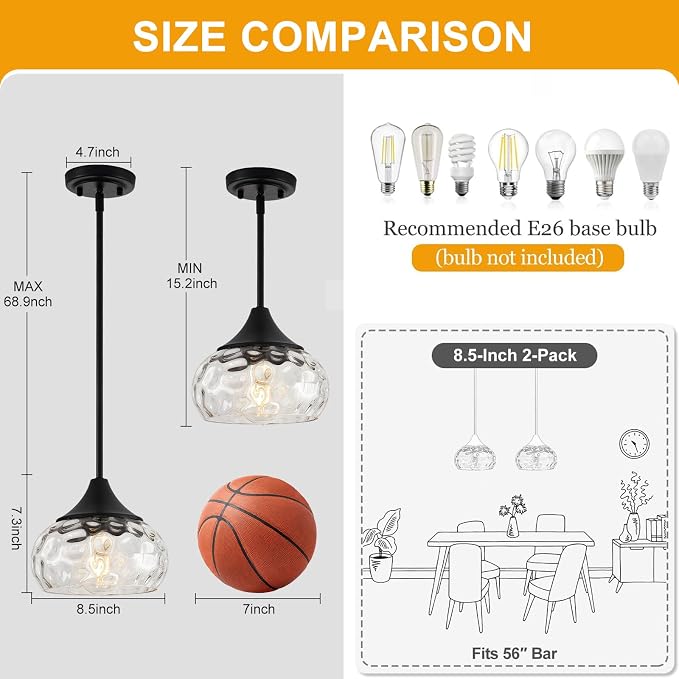 2 Pack Modern Pendant Lights Kitchen Island, Matte Black Pendant Light Fixtures with 8.5" Clear Hammered Glass Shade, Industrial Hanging Pendant Lights Fixture for Kitchen Island Dining Room Entryway