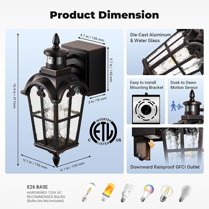 16.4" Motion Sensor Outdoor Lights with GFCI Outlet, 2-Pack ORB Outdoor Porch Light with Water Ripple Glass, 5-Modes Waterproof and Anti-Rust Dusk to Dawn Outdoor Lighting for Garage Patio