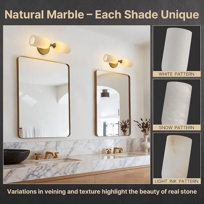 14" Natural Alabaster Sconce, Vintage Brass Marble Wall Light | Natural Spanish Alabaster, Modern Vintage Style, Unique Marble Veining, Solid Brass Construction, Dual Installation Options
