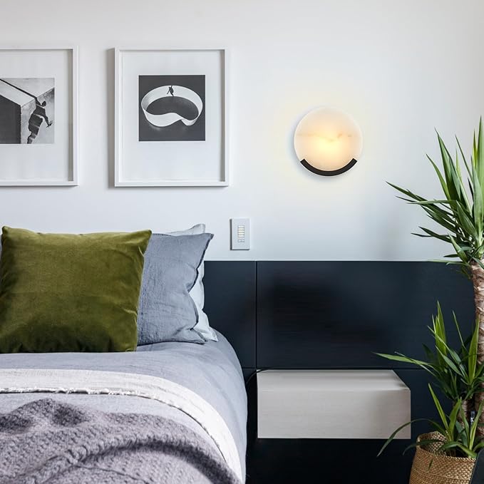 1-Light Black Modern Wall Sconces for Bedroom, Round Sconce Wall Light Fixture for Bathroom, Alabaster Sconce Lighting for Living Room, 1 Pack