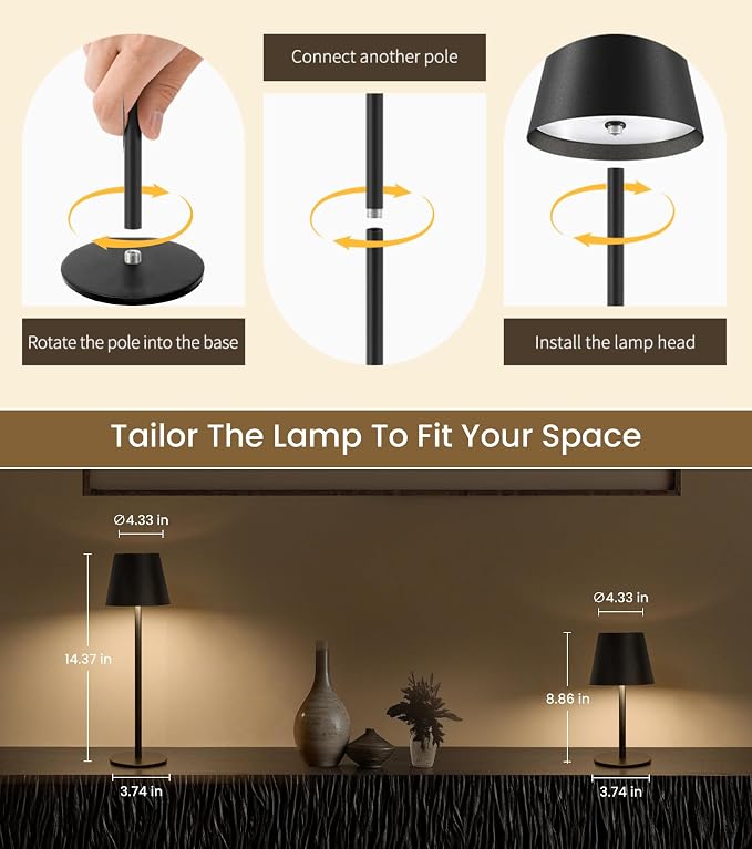 3 Pack Cordless Table Lamp, Portable Battery Operated Lamp with 3 Color Temps and Stepless Dimming, Rechargeable Table Lamp for Dinner, Desk, Cafe, Outdoor (Black)