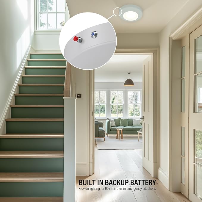 6 Inch LED Emergency Disk Light Kit with Battery Backup, Ceiling Mount Emergency Lights, Dimmable, 120-277V, 15W, 1000lm, CRI90, 5CCT Selectable, ETL & Wet Rated, White, 1 Pack