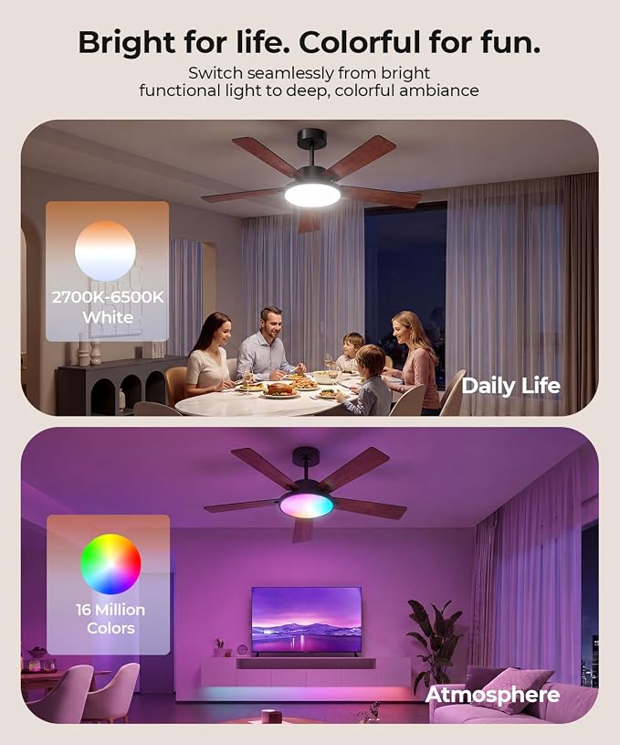 RGBCW Smart 52" 2600LM LED Ceiling Fan Light with Remote, Brown | Alexa/Google/App Control, Reversible DC Motor, 6 Speeds & 2 Fan Modes, Dimmable, Quiet Fan for Bedroom, Living & Gaming Room