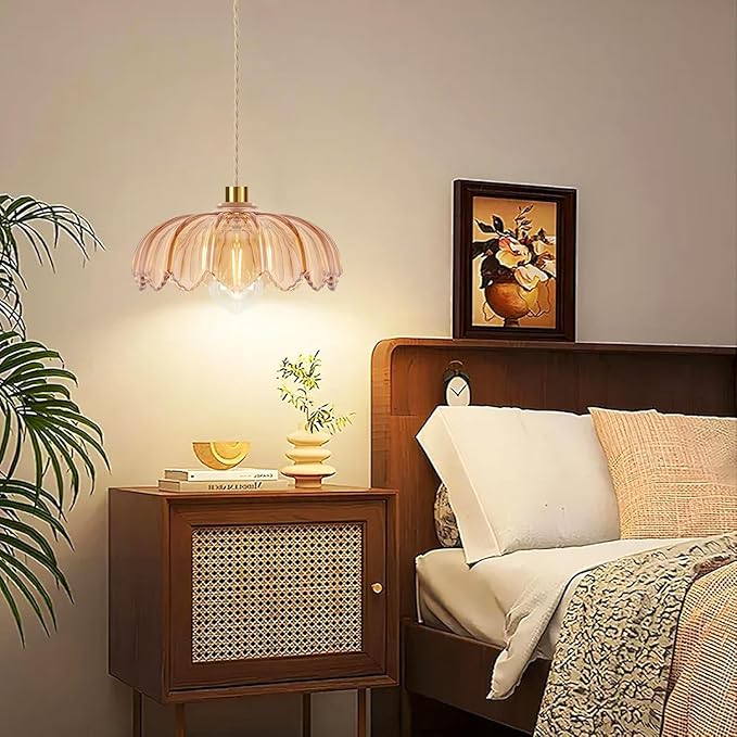 Plug in Pendant Light Hanging Lights with in Cord Mid Century Modern Gold Hanging Lamp Flower Glass Amber Vintage Dimmable Chandelier Ceiling Fixture for Living Room,Kitchen,Boho