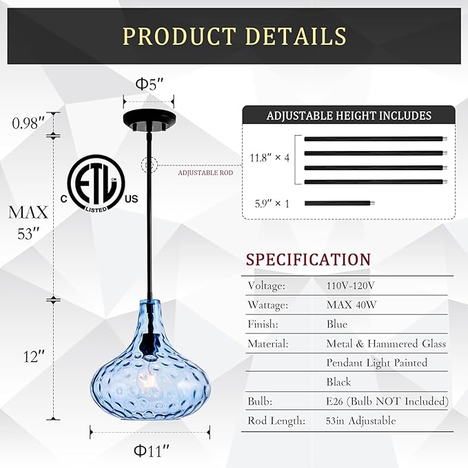 11" Hand-Blown Blue Glass Pendant Light, Modern Hammered Glass Hanging Light Fixture with Black Finish, Adjustable Ceiling Pendant Lighting for Kitchen Island, Dining Room, Living Room