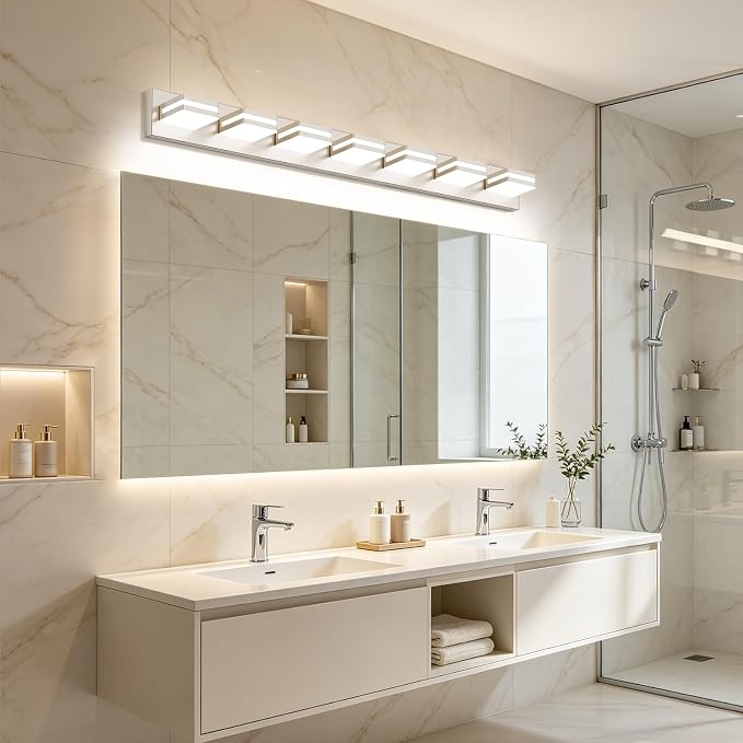 Bathroom Lights Fixtures Over Mirror, 360°Rotate Modern LED Vanity Lights for Bathroom, 56W Dimmable & High CRI Acrylic Wall Lighting, No Assembly Required (Brushed Nickel, 7-Light, 42 Inch)