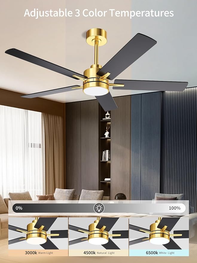 LANMEL Metal Ceiling Fan with Lights and Remote, 52 Inch, Gold & Black | Modern Low Profile Flush Mount, Reversible, 3CCT Dimmable, Quiet, LED, For Bedroom, Living Room, Indoor/Outdoor Patio Use