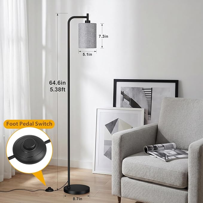 Ziisee 64" Floor Lamp for Living Room with Remote Control, Grey Shade with Black Pole, Dimmable Tall Lamps for Bedroom Office Corner, 9W LED Bulb Included