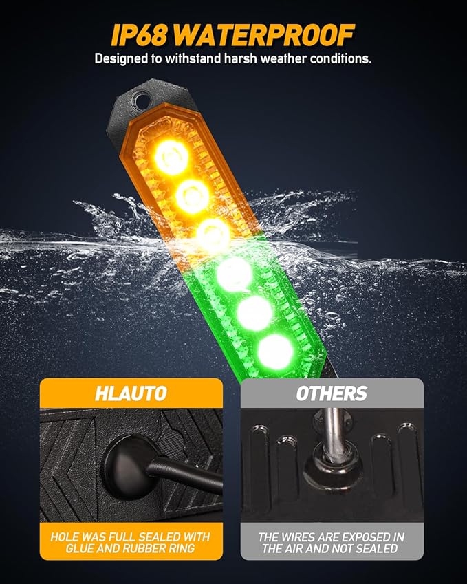 HLauto 406T Emergency Strobe Grille Lights: 4Pcs 6 LED Sync Feature Safety Warning Flashing Light, 12V-24V Ultra Slim Surface Mount Hazard Caution Light for Truck, Vehicle, Car, ATV, UTV (Amber Green)