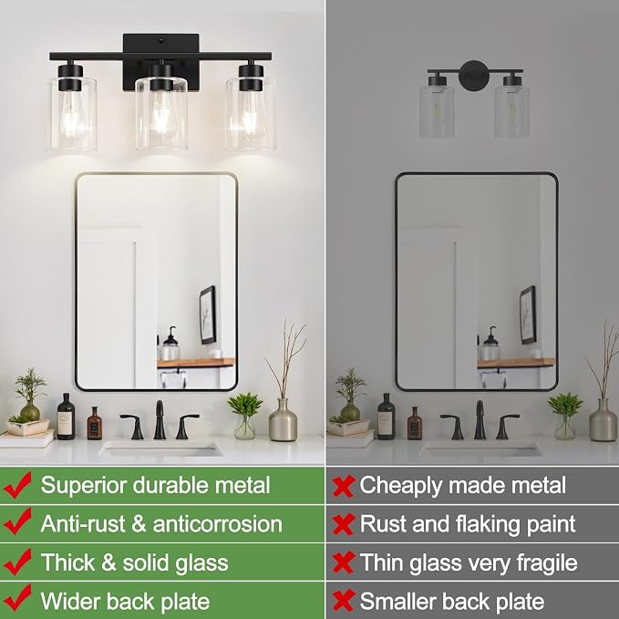 Black Bathroom Light Fixtures with Clear Glass Shades, Modern 3 Light Vanity Lights for Bathroom, Vanity Lights with E26 Socket (Bulbs Not Included), for Mirror, Bedroom, Hallway