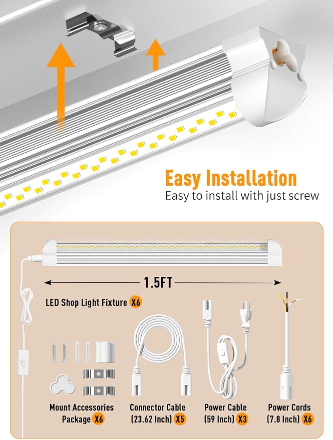 LED Shop Light, 25W 3750LM 6000K Super Bright(6 Pack) | Plug and Play, Linkable Utility Shop Lights for Garage, Cabinet, Workbench, Workshop