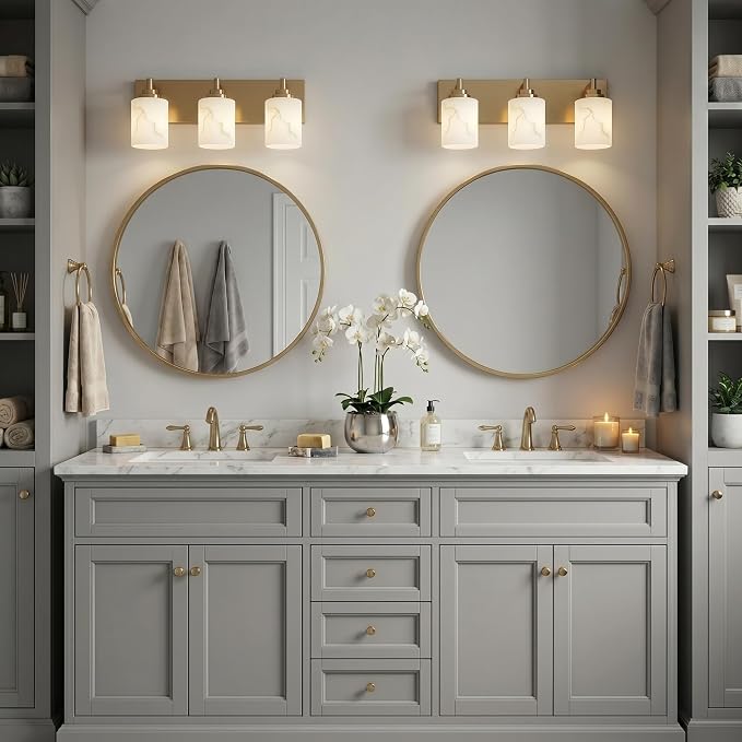 3-Light Bathroom Light Fixture, Gold Modern Vanity Light with White Marble Glass Shade, for Bathroom Mirror, Living Room, Bedroom, Hallway, E26 Base, Extended Base
